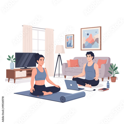 Couple practicing yoga together at home, following an online session on a laptop