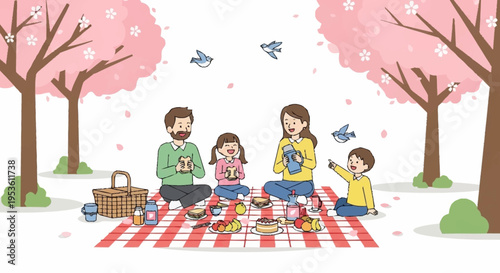 Family picnic in a park with children playing under blooming cherry blossom trees and enjoying outdoor activities on a sunny day