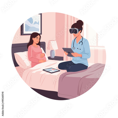 Pregnant woman in bed receives virtual reality healthcare consultation from doctor wearing VR headset
