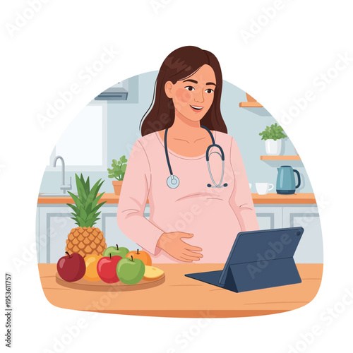 Pregnant woman doctor on telehealth call consulting about nutrition with fruit in kitchen