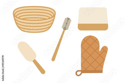 Baking tools on a white background including a basket, dough scraper, spatula, and oven mitt