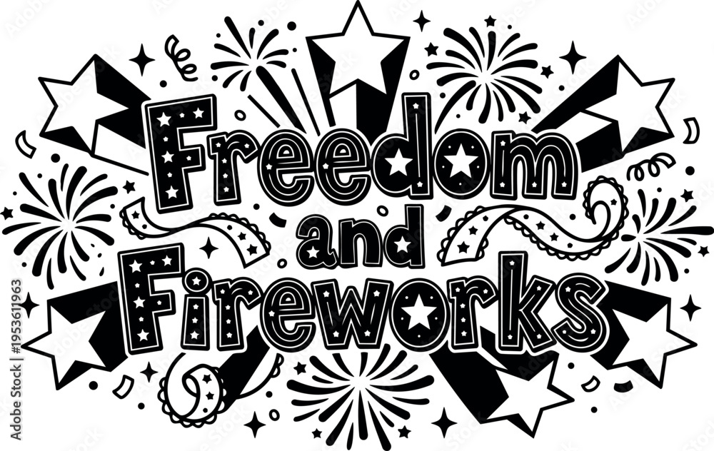 Naklejka premium Freedom and fireworks star bursts black and white line art vector