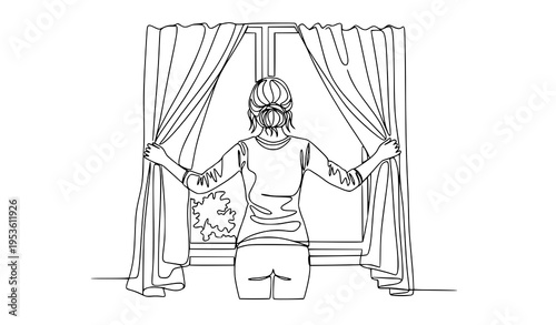 A woman opens curtains to reveal a bright window view