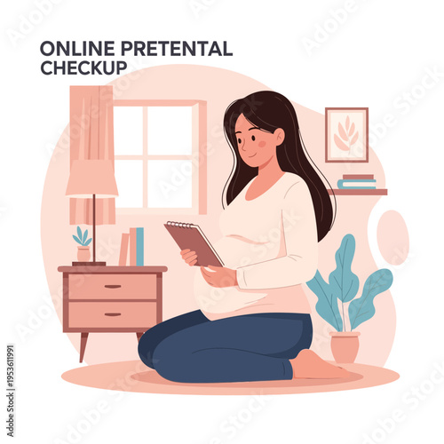 Pregnant woman attending online prenatal checkup from home with tablet