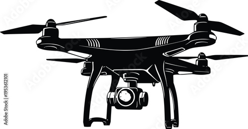 Black and white vector illustration of a professional quadcopter drone with a camera gimbal isolated on a plain white background for technology concepts (24 words)