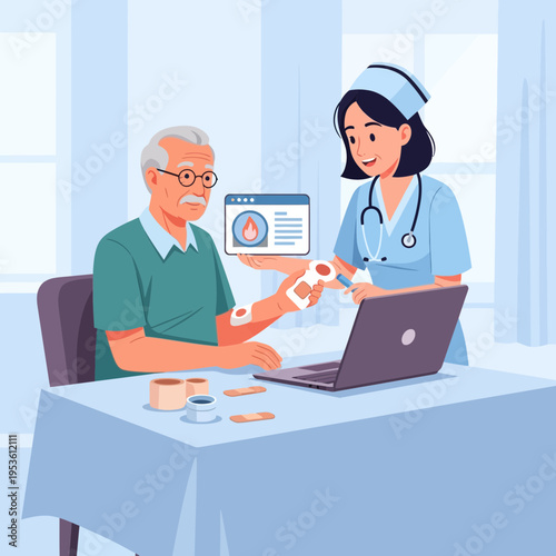 Nurse applying virtual technology assistance to an elderly patient's arm for medical care.