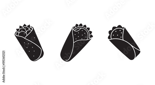 Black and white illustrations of three wrapped tacos on white background for food icons