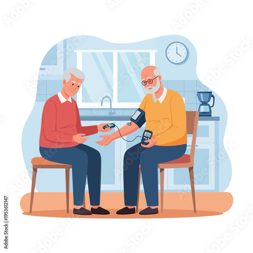 Elderly Man Checking Blood Pressure with Assistance at Home