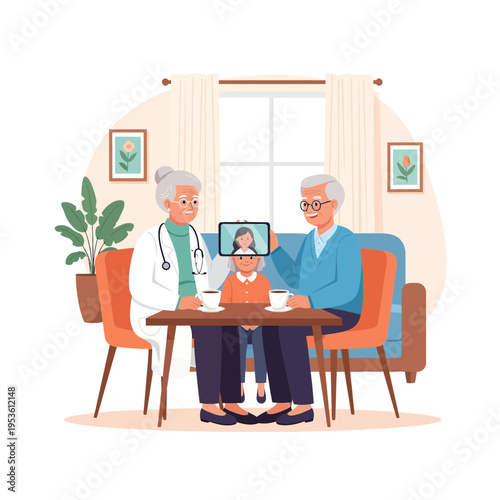 Elderly couple and child connect virtually via tablet, showing family bonds and modern communication