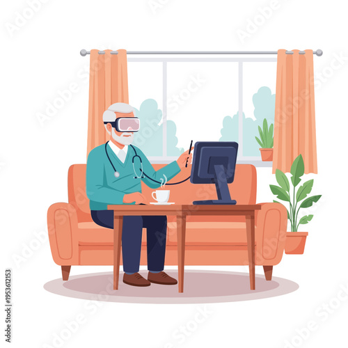 Elderly Man Engaged in Virtual Reality Healthcare Training on Sofa with Computer