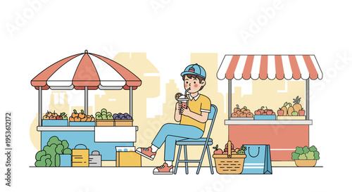 Street vendor sitting at market stall drinking juice illustration