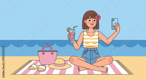 Cute girl taking selfie with drink on beach summer vacation illustration