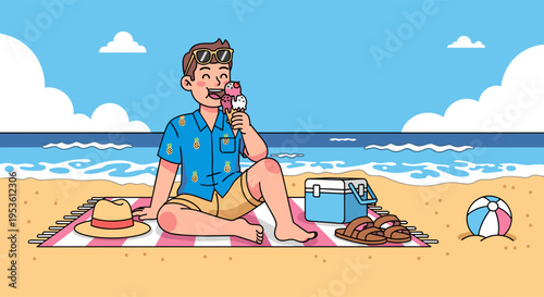 Man sitting on beach enjoying ice cream during summer holiday