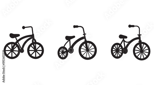 Black bicycle silhouettes in different styles and sizes on white background  simple iconic illustrations of bikes