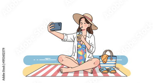 Woman taking selfie while relaxing on picnic blanket in summer