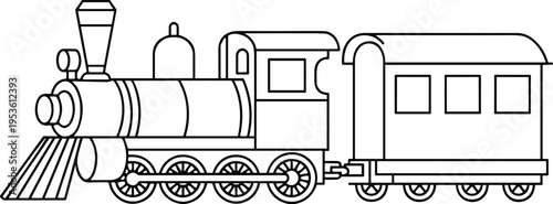 Black and white line art illustration of a vintage steam locomotive train with a passenger car isolated on a white background for coloring (25 words)