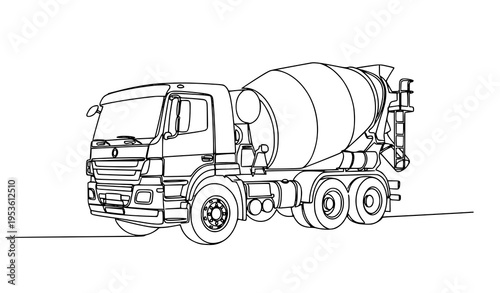 A black and white line drawing of a cement truck on a white background
