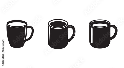 Black coffee mugs in different angles and shapes  simple design elements for graphic design and digital art