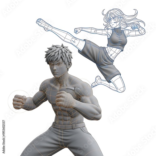 3d anime style characters in fighting poses with wireframe overlay
