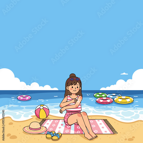 Cute girl relaxing on beach with ocean view in summer holiday