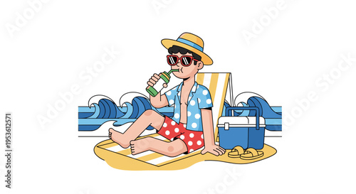 Man relaxing on beach chair drinking cold beverage by the sea