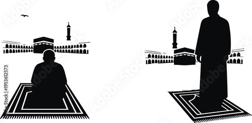 Black silhouette of a Muslim man praying on a rug with the Holy Kaaba and Masjid al-Haram in Mecca isolated on a white background (24 words)