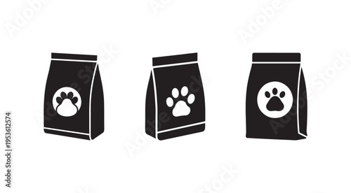 Black dog food bags with white paw print logos on white background  pet food packaging icons