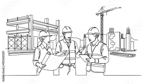 A line art illustration of three construction workers discussing plans at a building site