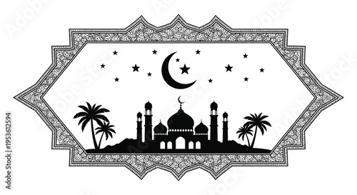 An ornate frame surrounds a nighttime mosque scene with palm trees a crescent moon and stars silhouette