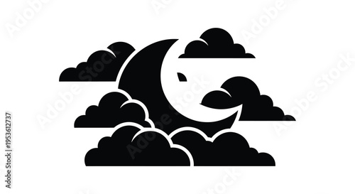 A crescent moon peeks from behind dark clouds creating a striking nighttime scene silhouette high quality
