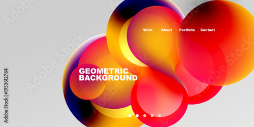 Abstract colorful shapes overlap. Text includes work, about, portfolio, contact, geometric background. Gradient hues dominate design.