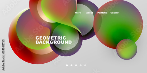 Abstract colorful shapes overlap. Minimalist design features navigation options, text, dots. Modern aesthetic, gradient hues present.