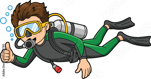 Cartoon vector illustration of a happy boy scuba diver swimming underwater with oxygen tank mask and fins giving a thumbs up sign isolated on white (25 words)