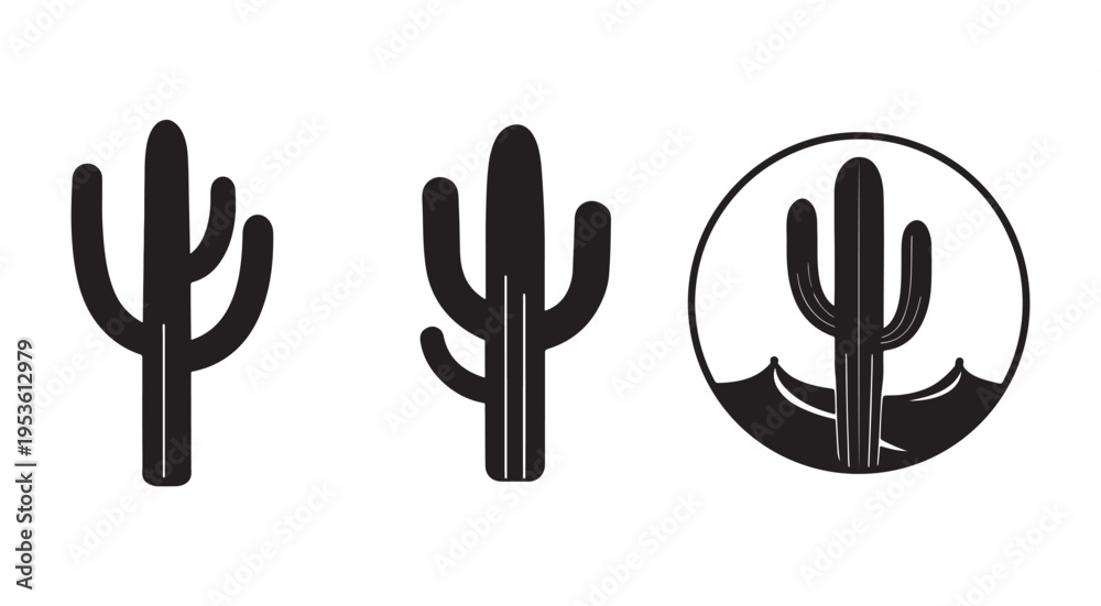 Obraz premium Black silhouette cactus icons on white background various cactus shapes and one in circle