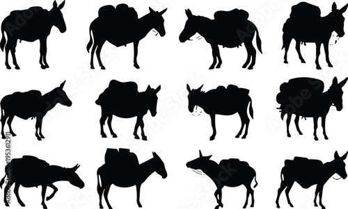 Donkey silhouette set with pack animals carrying heavy loads vector illustration isolated on white background for farming agriculture village life and transportation design