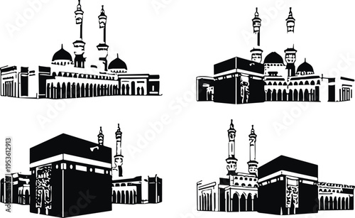 Islamic religious landmarks vector silhouette set featuring Kaaba and Masjid al Haram in Mecca for Ramadan Kareem Eid Mubarak and Hajj pilgrimage graphic design