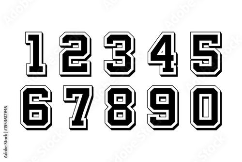 Sport numbers set. College font number vector illustration. Athletic digits symbol collection. Jersey typography set for team uniform. Varsity numeric vector art illustration.