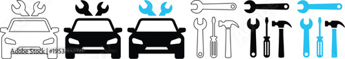 Modern car repair service and auto maintenance vector icons set with tools and wrenches