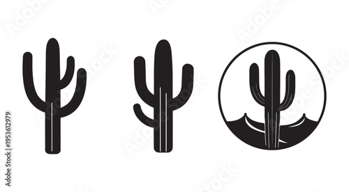 Black silhouette cactus icons on white background  various cactus shapes and one in circle