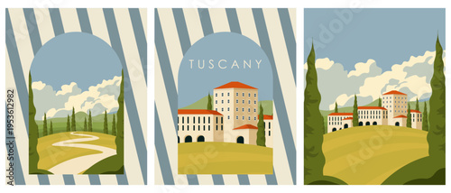 Summer in Tuscany postcard set, covers, summer Italy posters, town background set