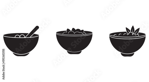 Black silhouettes of bowls with different food ingredients and a spoon  isolated on white background