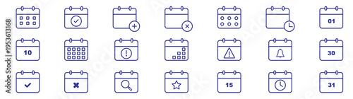 modern linear calendar and date icon set. vector thin line outline symbols for ui-ux app and web interfaces. minimal stroke collection including date. Calendar, agenda, planner outline icons set Flat