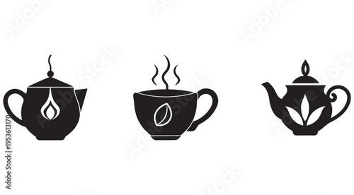 Black silhouettes of teapot and cup with tea leaf steam isolated on white background for beverage and drink concept