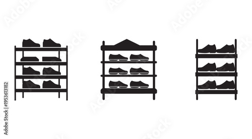 Black silhouettes of three different shoe racks with various shoes on each shelf  simple illustrations for design and organization concepts
