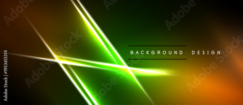 Abstract neon lines over dark background. Green, orange hues create dynamic visual effect. Modern design element.