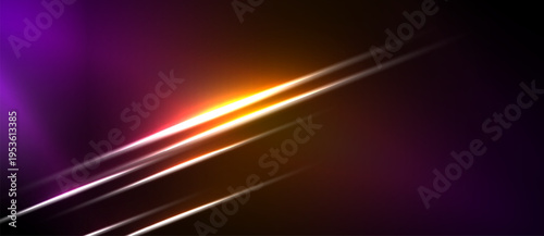 Abstract background features vibrant purple, orange lines. Diagonal streaks create dynamic visual effect. Dark areas contrast bright illumination.