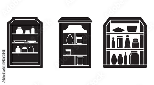 Blackandwhite illustration of three cupboards with various kitchen items on shelves  cupboard  kitchen  home  interior