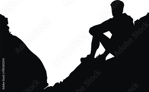 Man sitting on rocky mountain cliff silhouette vector illustration for outdoor adventure hiking climbing success and travel achievement theme isolated on white background