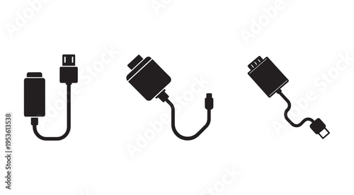 Blackandwhite illustration of various electronic adapters and cables for connecting devices  technology and connectivity concept