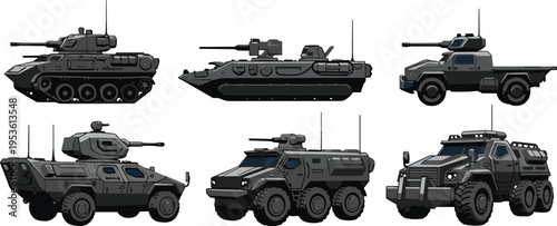 Set of six military armored vehicle illustrations including tanks troop carriers and tactical trucks in dark gray color isolated on a white background for design (25 words)